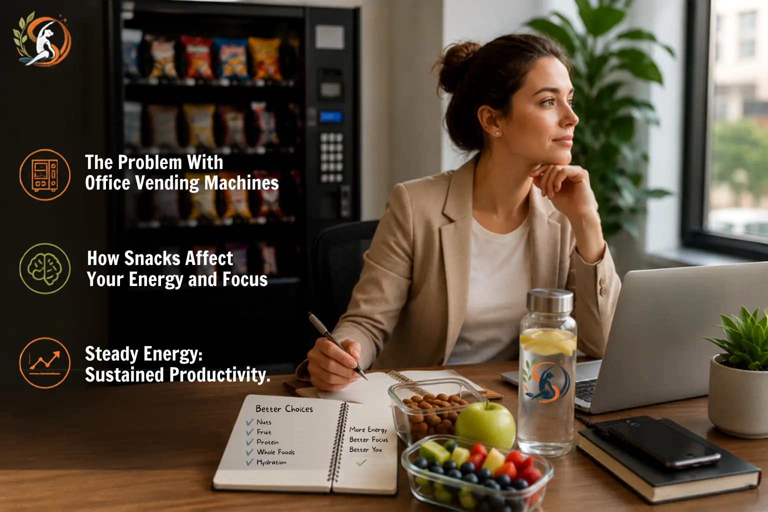 Professional office workspace showing healthy snacks that support steady energy and productivity.