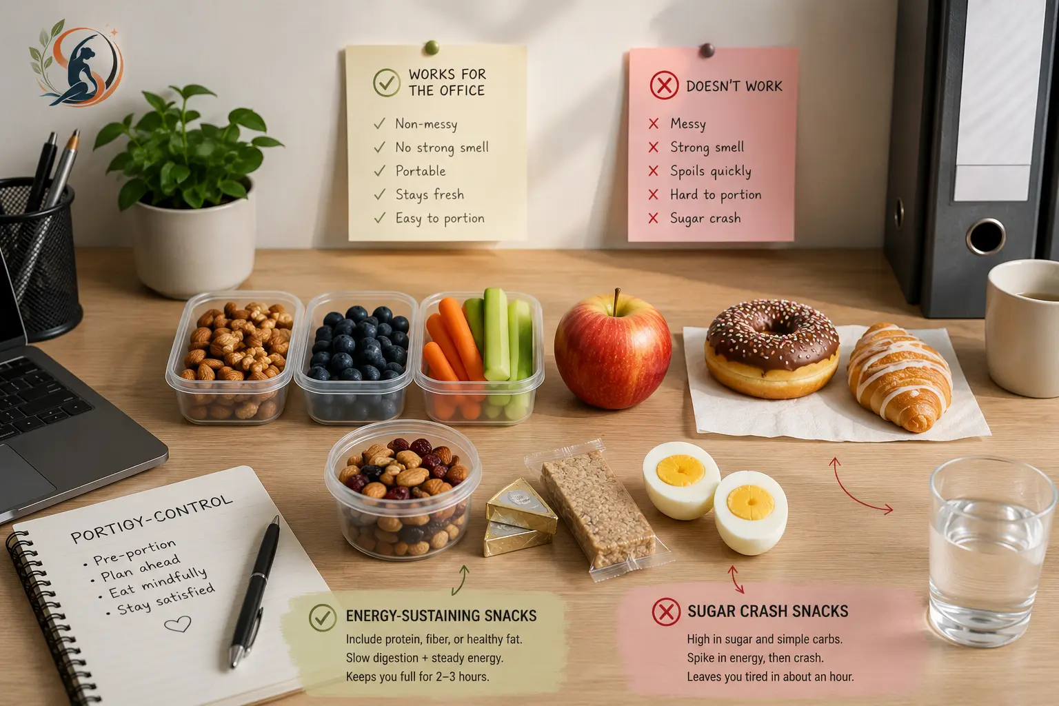 Healthy office snacks including portion-controlled nuts, fruit, boiled egg, and whole-grain crackers compared with sugary snacks on an office desk.