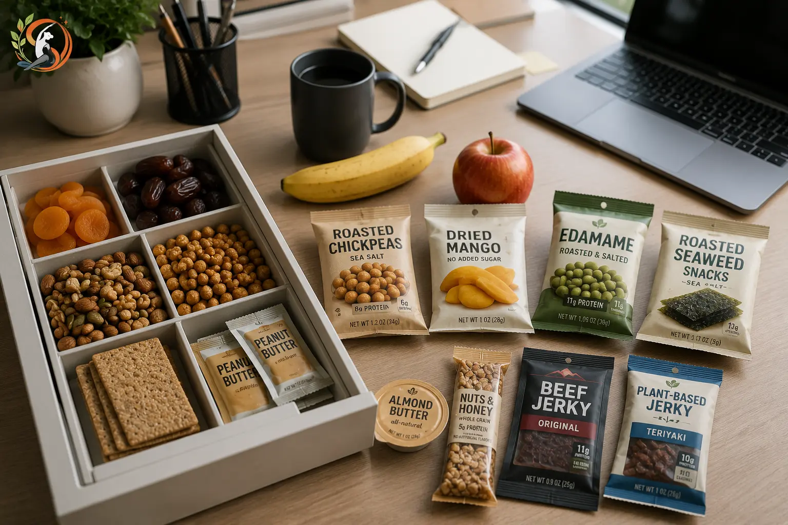 Healthy no-refrigeration office snacks organized on a work desk with nuts, dried fruit, crackers, and packaged protein snacks.