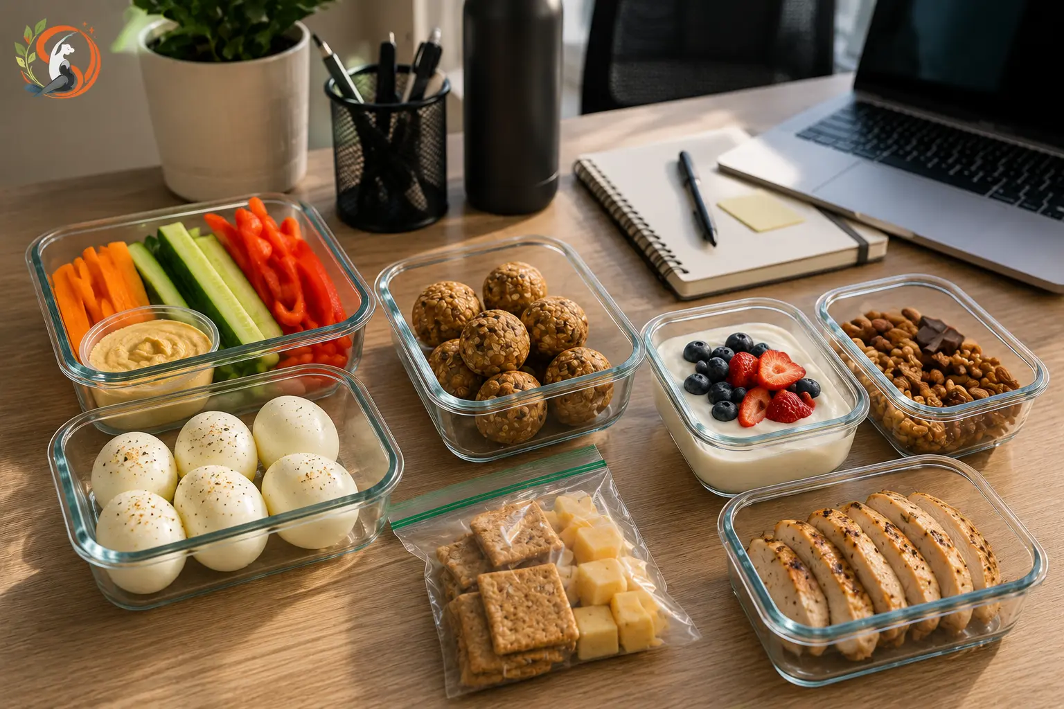 Healthy make-ahead office snacks prepared in containers for a productive workweek.