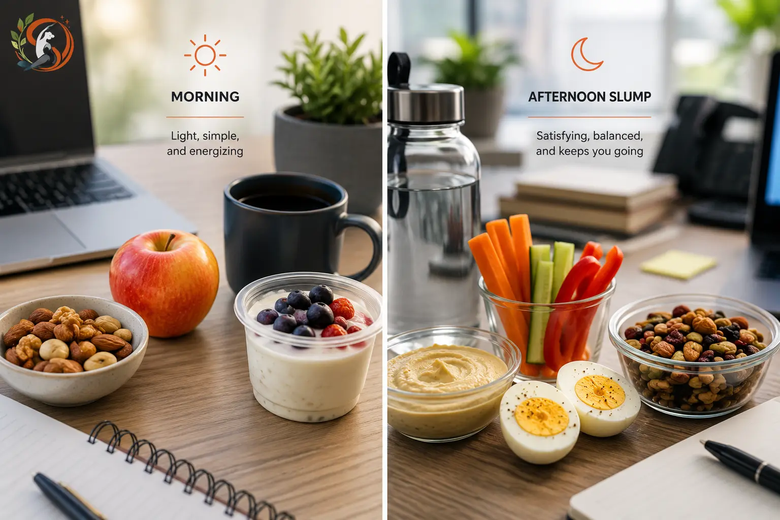 Healthy morning and afternoon office snacks including yogurt, nuts, fruit, hummus, vegetables, boiled eggs, and trail mix on a modern work desk.