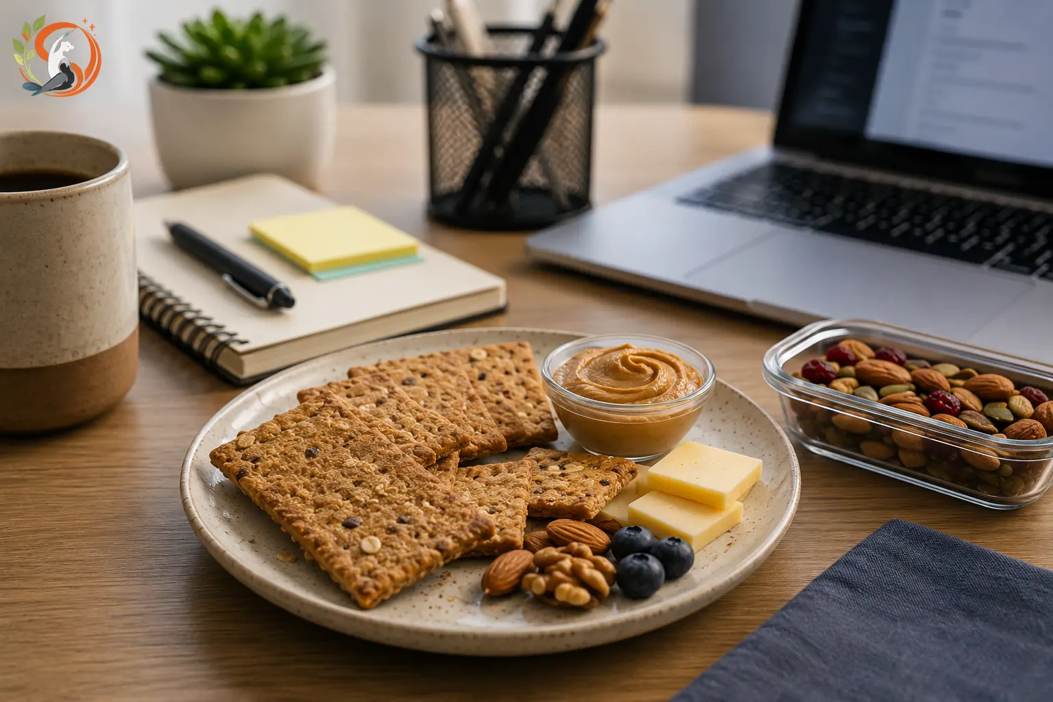 Whole grain biscuits with cheese, nut butter, and mixed nuts on an office desk, providing a balanced healthy snack for sustained energy and focus at work.