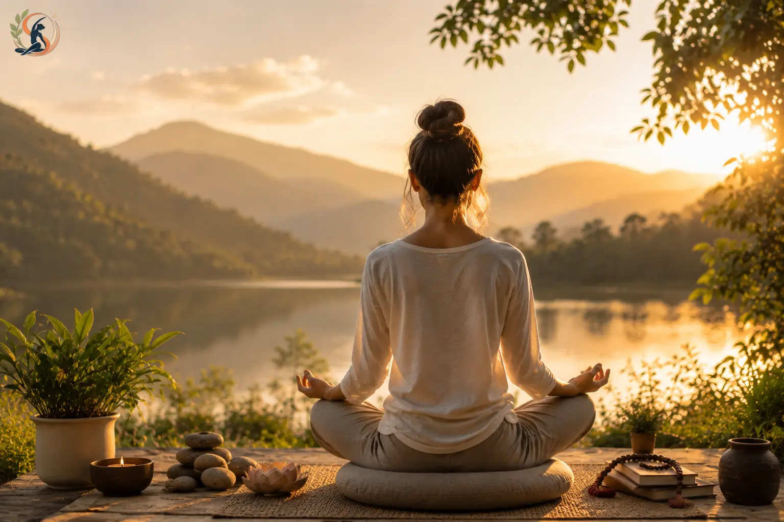 Person practicing loving kindness (Metta) meditation in a peaceful natural setting, representing compassion, self-kindness, and mindfulness.