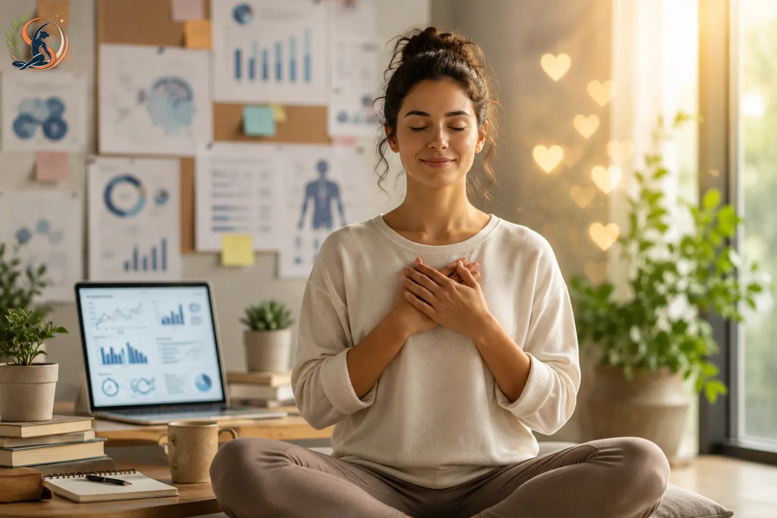 Person practicing loving-kindness meditation while representing scientific research on mindfulness, emotional well-being, and compassion.