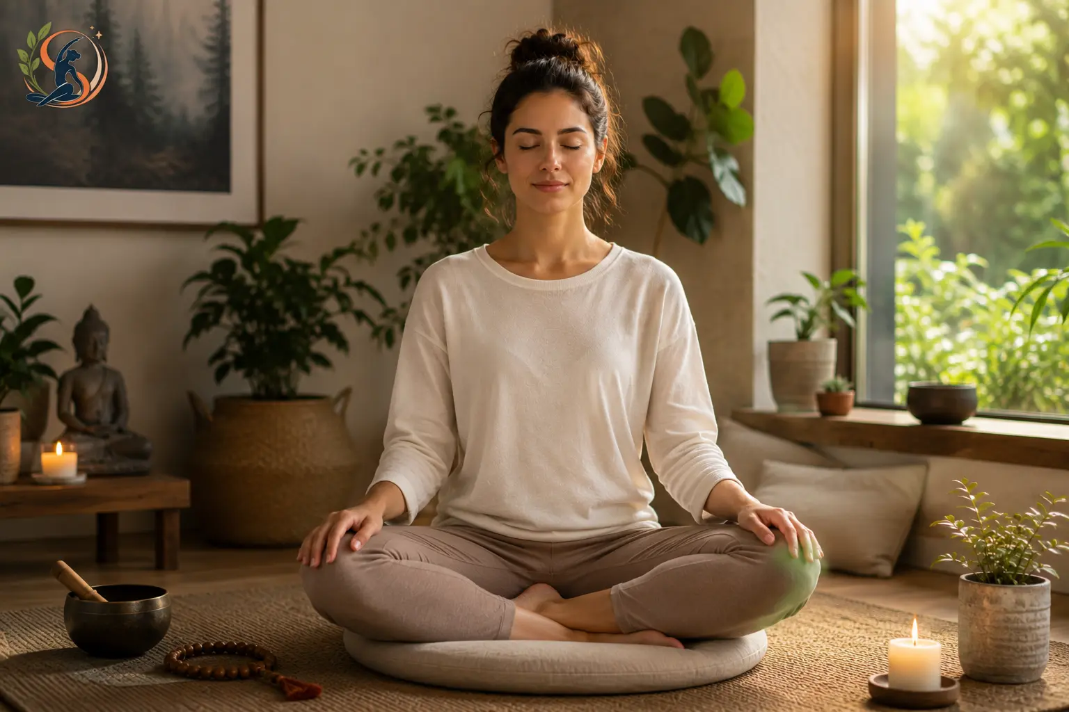 A person sitting cross-legged practicing loving kindness (Metta) meditation with a straight posture and mindful breathing in a peaceful setting.