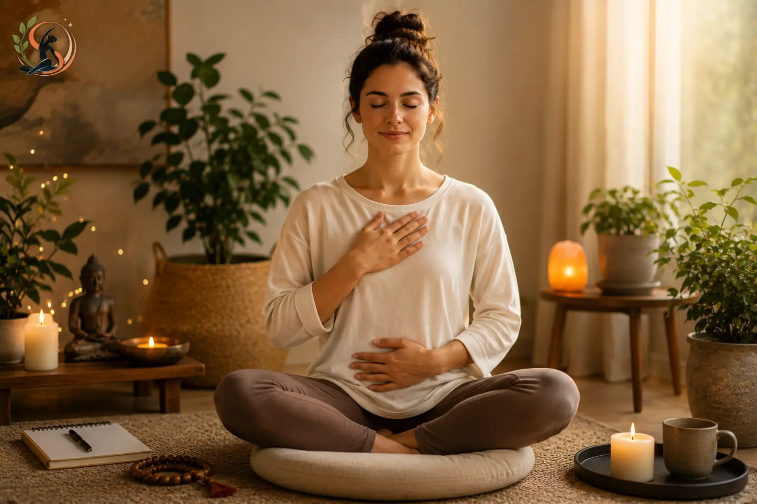 Person practicing loving kindness meditation with hands on heart in a peaceful indoor space, following a Metta meditation script for beginners.