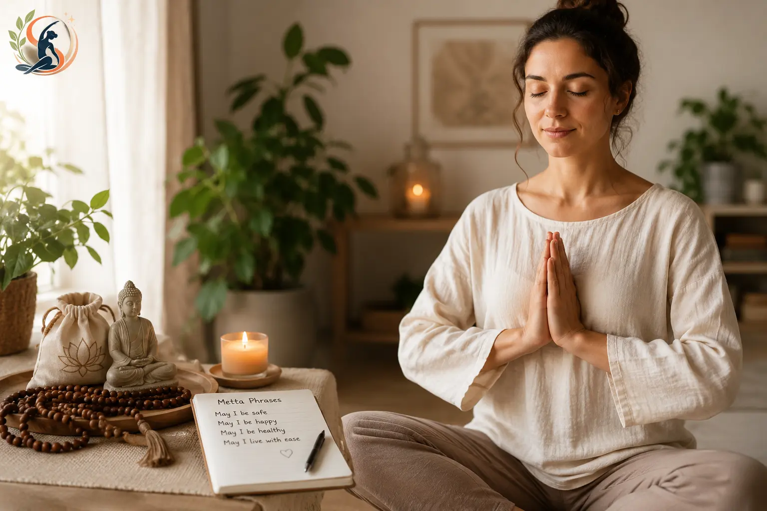 Person practicing Metta meditation with mala beads and prayer hands in a serene indoor meditation space.