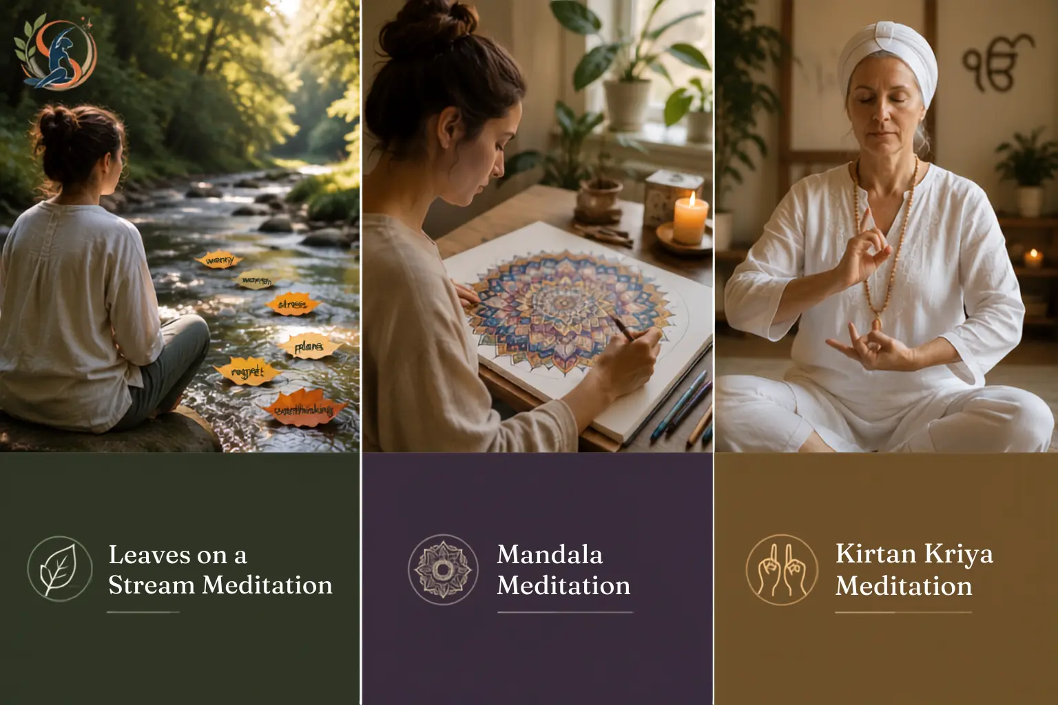 Three contemplative meditation practices showing Leaves on a Stream, Mandala Meditation, and Kirtan Kriya to support mindfulness, focus, and emotional well-being.