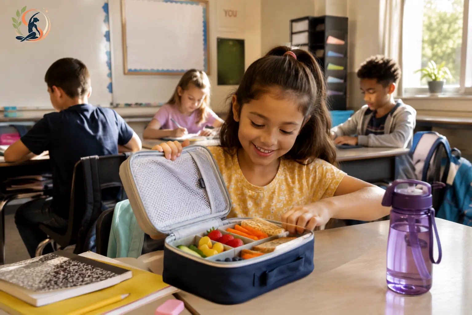 Children enjoy a healthy school lunchbox with fresh fruits, vegetables, and whole-grain snacks in a bright classroom, promoting healthy school snack choices and better focus.