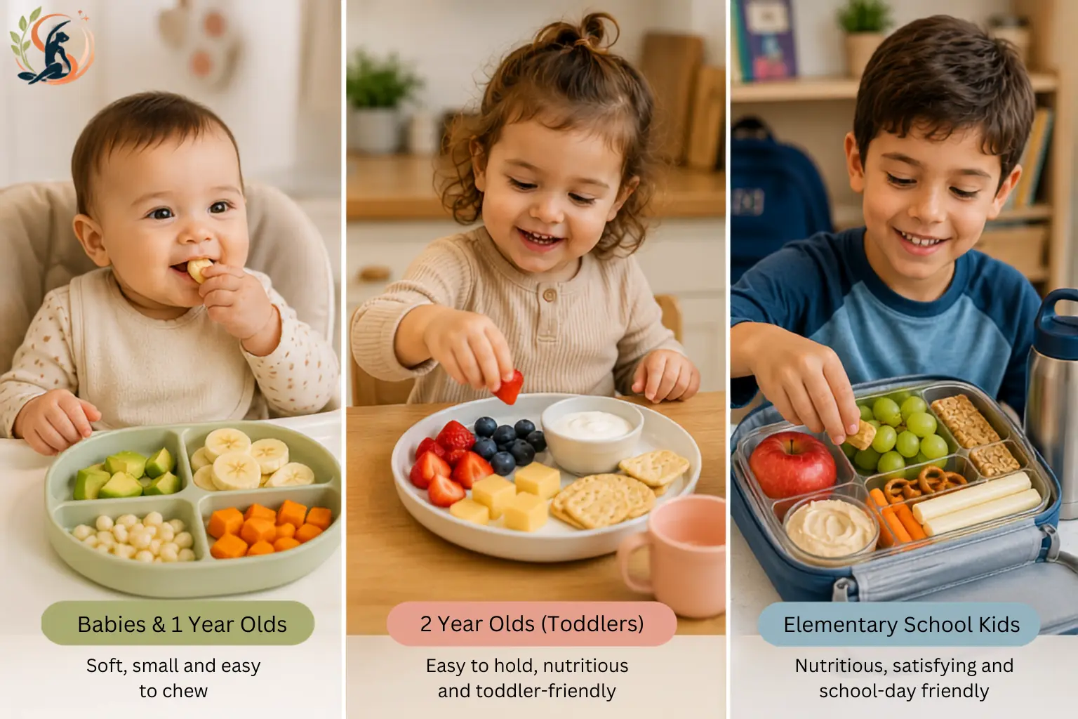 Healthy snacks for babies toddlers and school-age children with age-appropriate nutritious foods for every stage of childhood development.