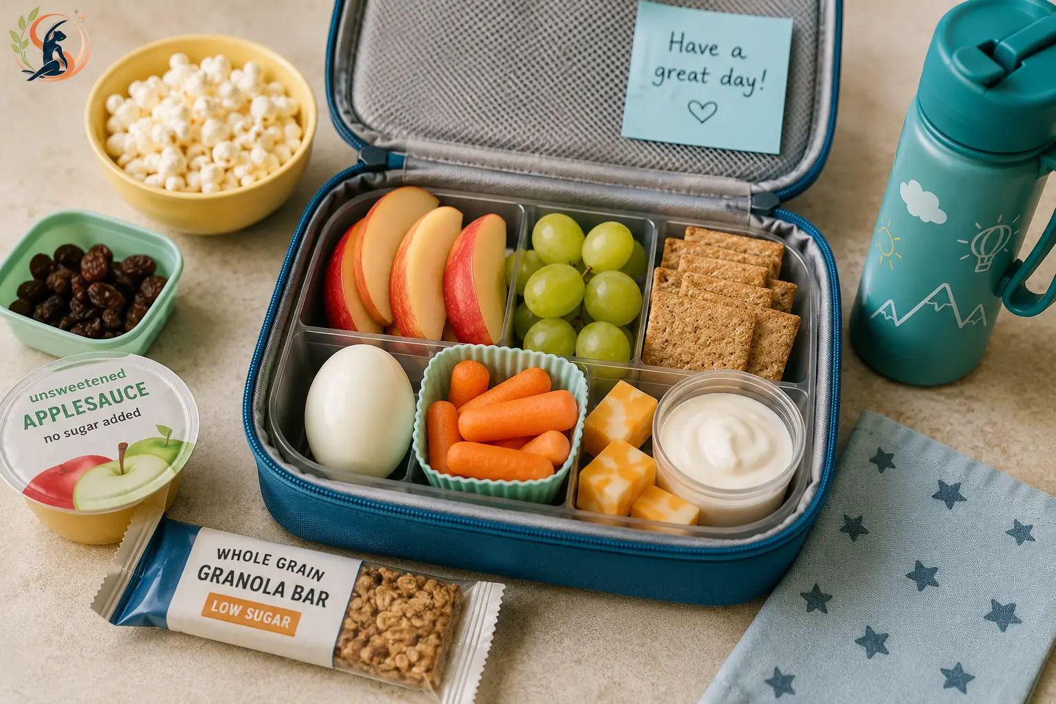 Healthy school lunchbox filled with nutritious snacks including fresh fruit vegetables, whole grain crackers cheese and yogurt for kids at school.