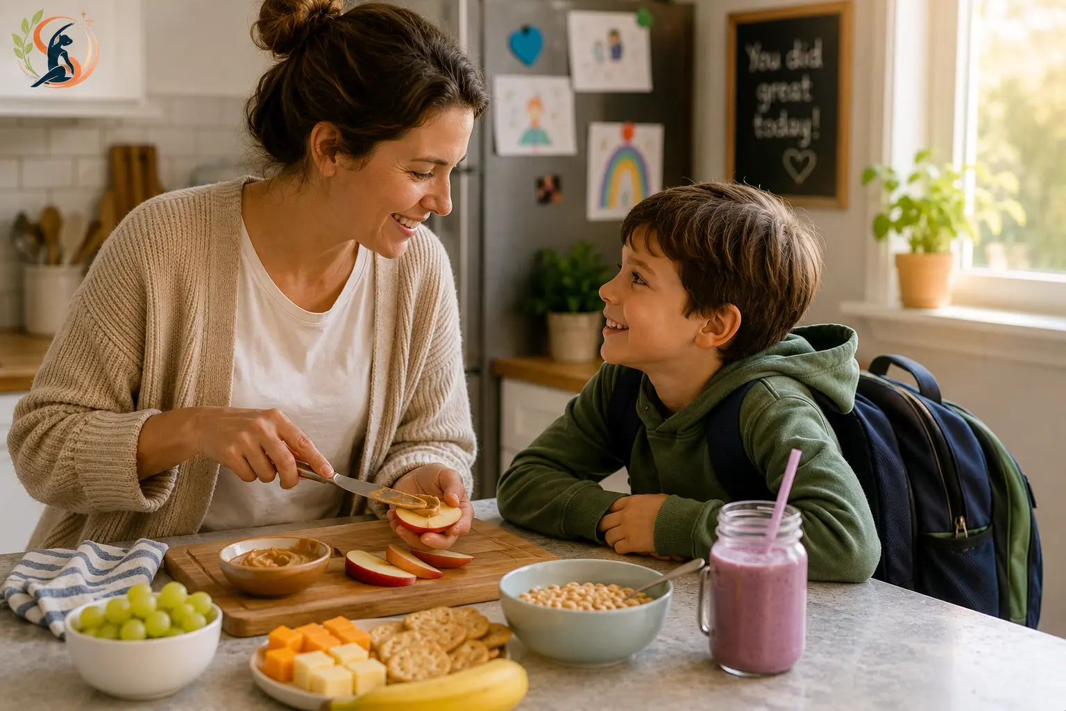 Parents prepare a healthy after-school snack for a hungry child in a bright kitchen with fresh fruit, yogurt, and whole-grain foods.