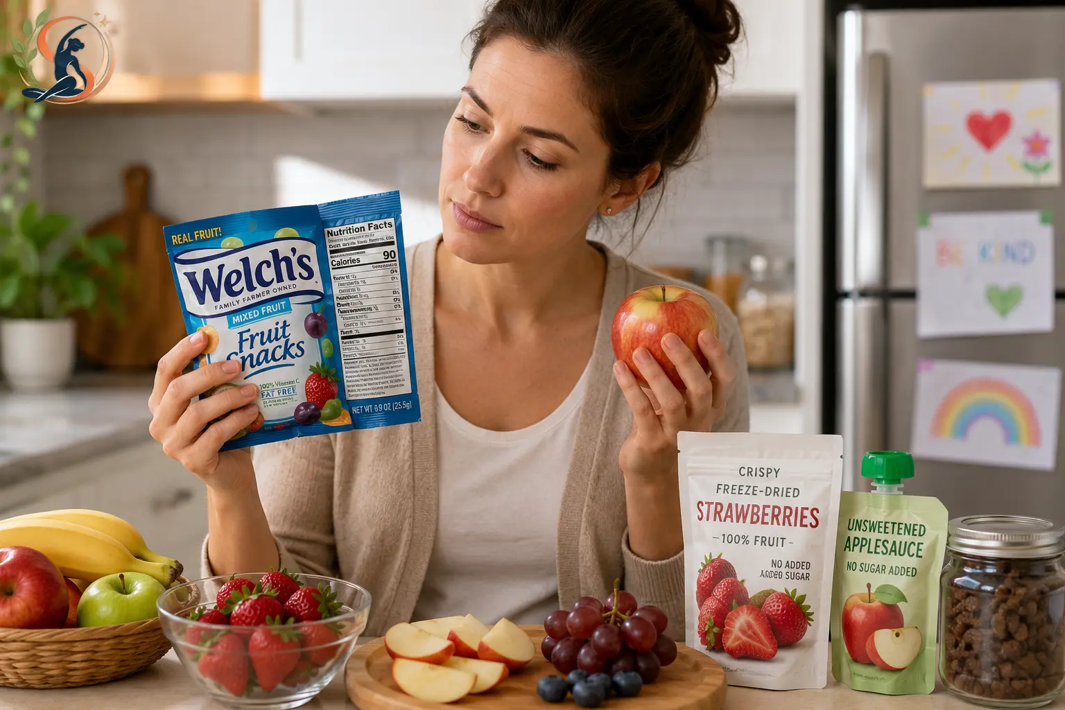 Parents compare Welch's Fruit Snacks with fresh fruit and healthier snack alternatives while reading the nutrition label in a bright family kitchen.