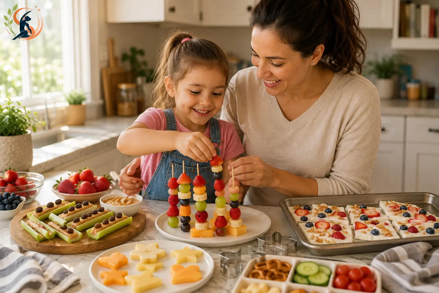 Mother and young daughter preparing fun homemade healthy snacks together in a bright kitchen with colorful fruit kebabs, yogurt bark, and fresh ingredients.