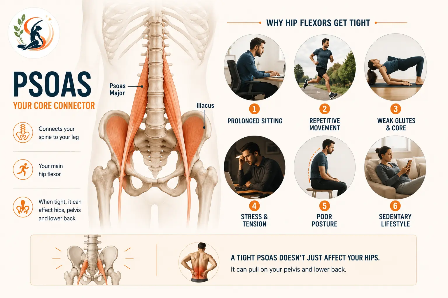 Anatomical diagram showing the psoas muscle running from the lower spine to the thigh