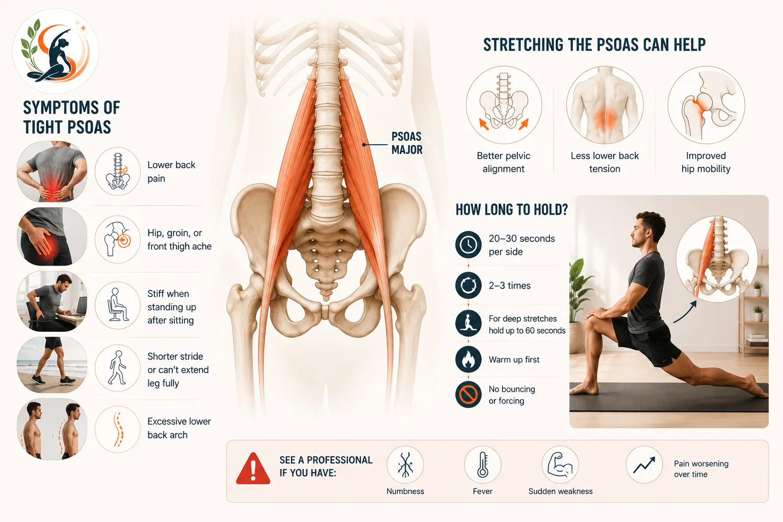 Person holding lower back showing common symptoms of a tight psoas muscle