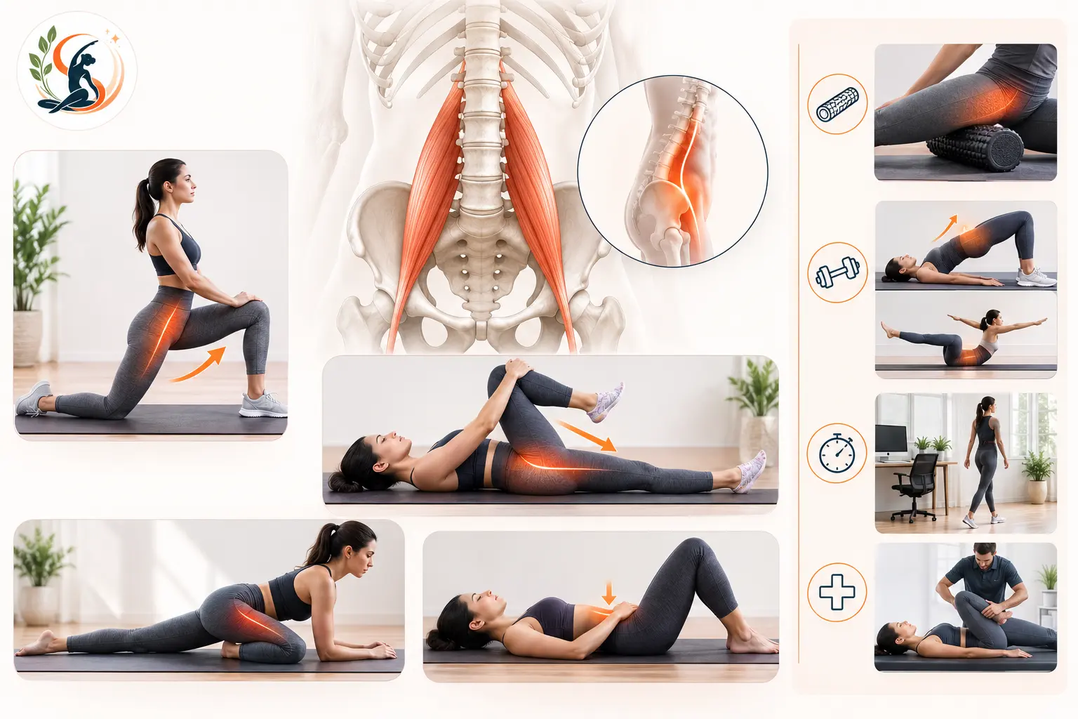 Step-by-step photos of psoas stretches including kneeling lunge and supine hip flexor stretch