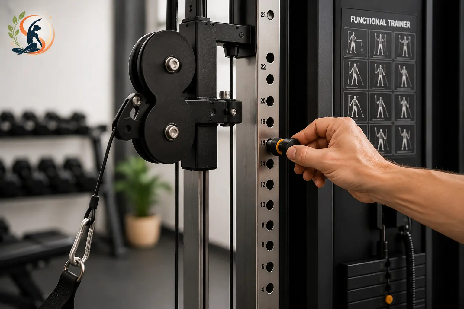 Close-up of functional trainer pulley and cable mechanism with hand adjusting weight pin