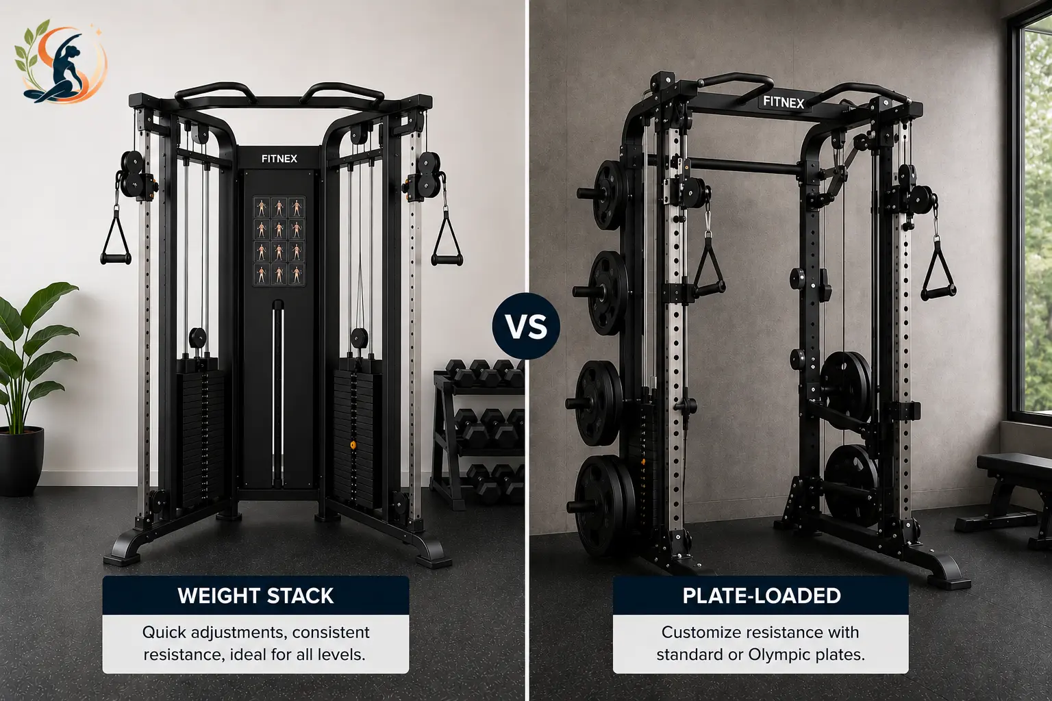 Side-by-side comparison of a weight-stack functional trainer and a plate-loaded frame