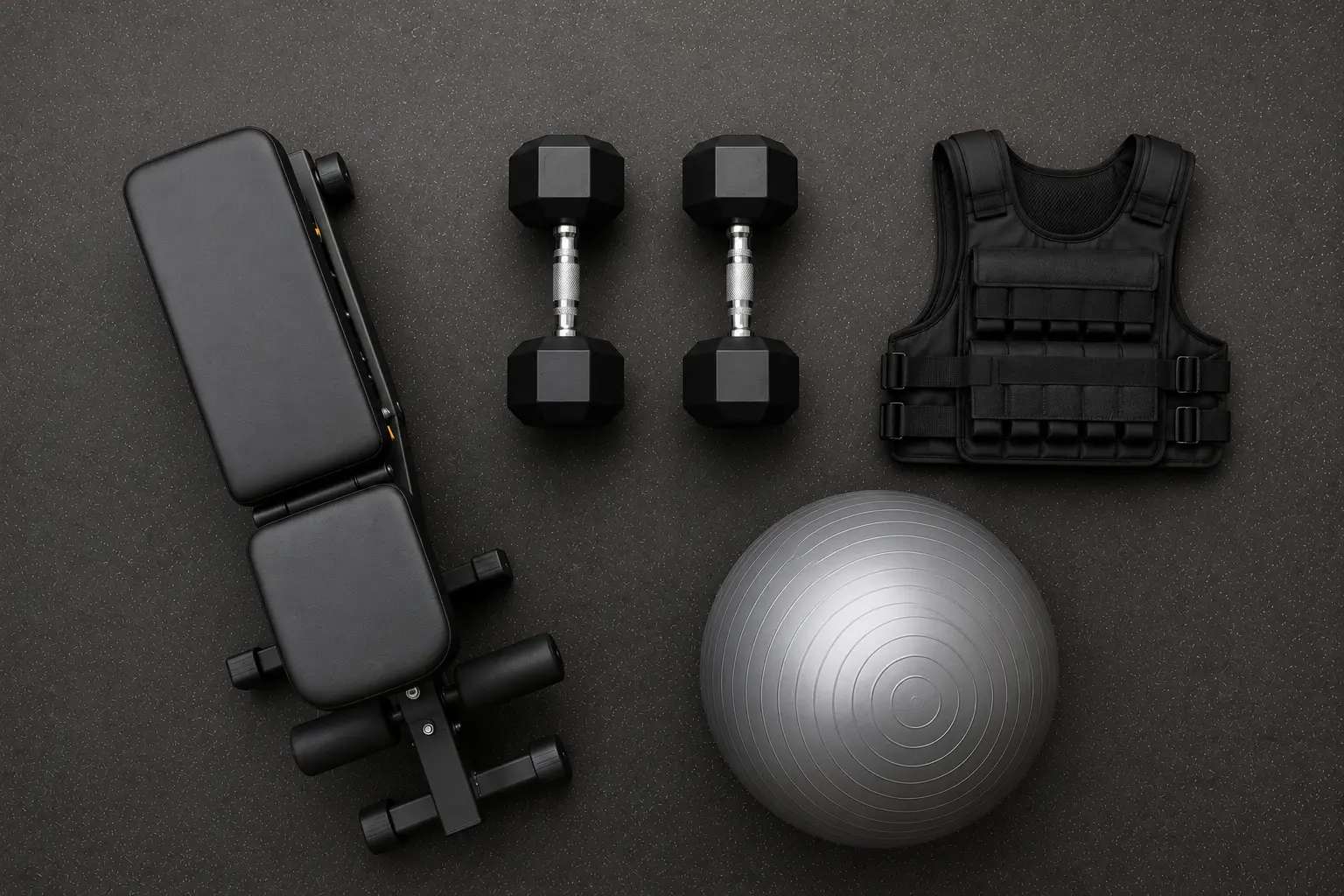 Flat-lay of an adjustable bench, dumbbells, weighted vest, and stability ball