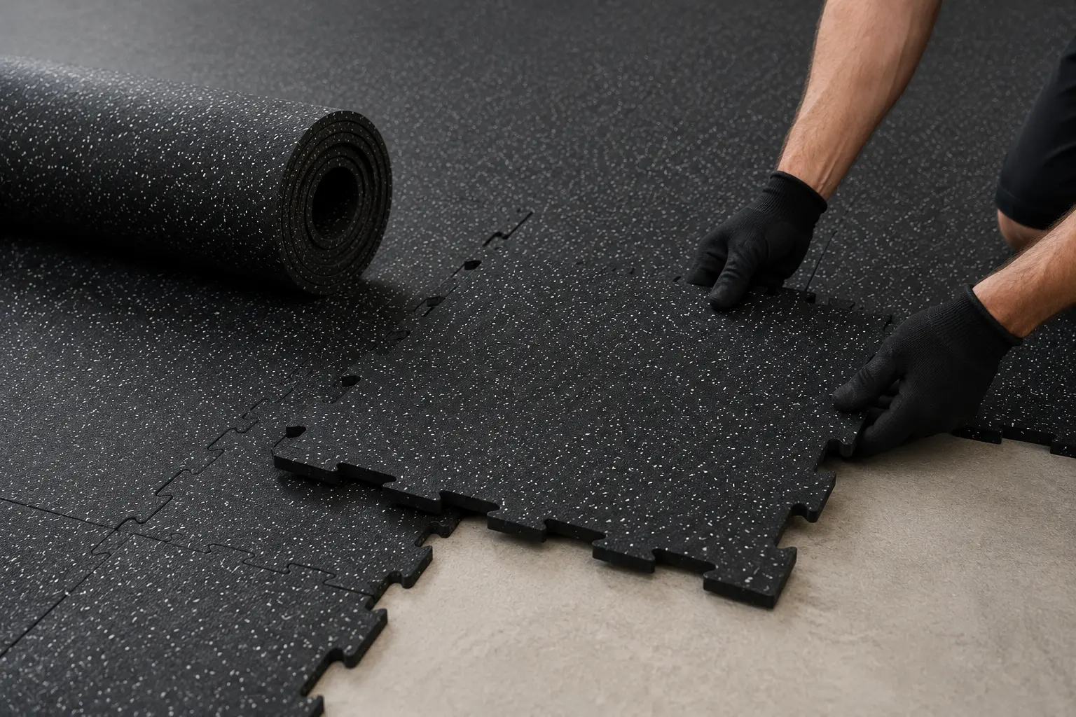 Rubber gym flooring tiles being installed in a home gym