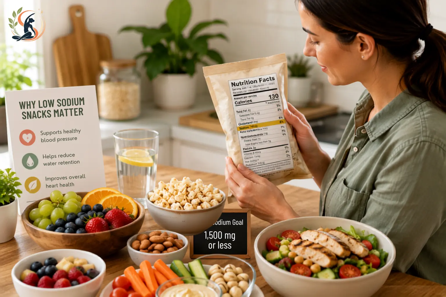 Person reading a nutrition label while preparing fresh low-sodium snacks including fruit, vegetables, yogurt, unsalted nuts, whole-grain crackers, and popcorn in a bright modern kitchen.