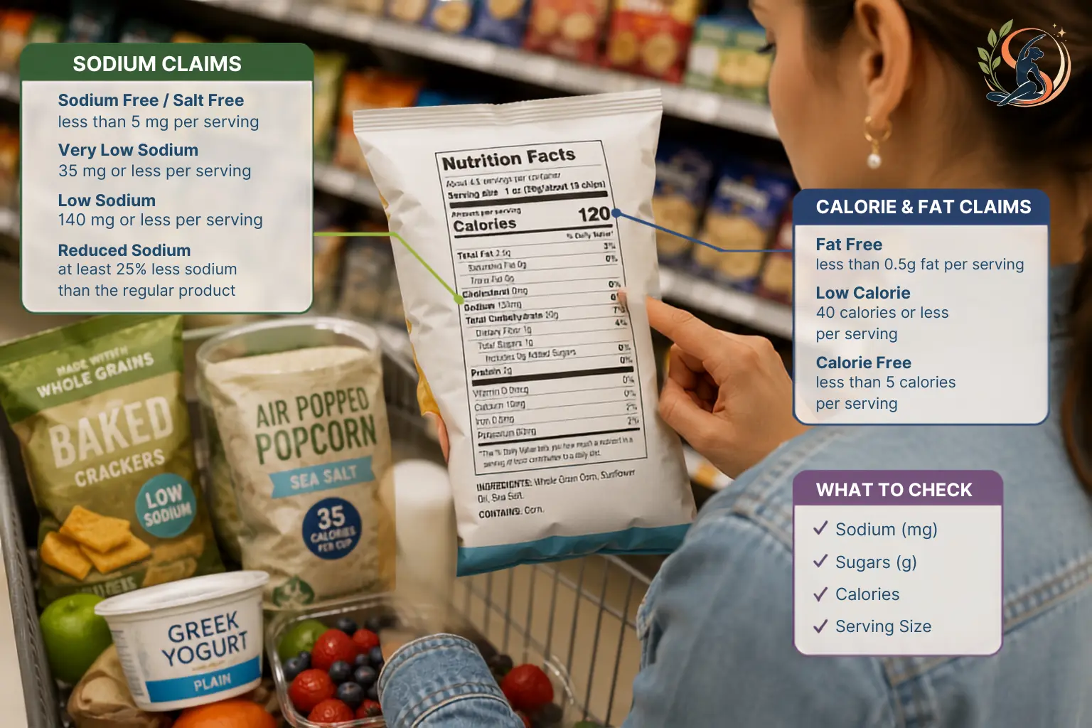 Person reading a nutrition facts label on a packaged snack in a grocery store while comparing healthy low-sodium and low-calorie food options.