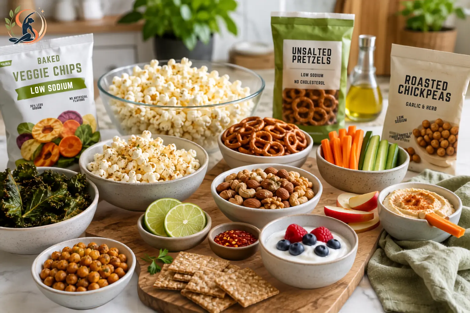 Person comparing nutrition labels on healthy snack packages while choosing low-sodium and low-calorie options in a grocery store, with fresh foods in the background.