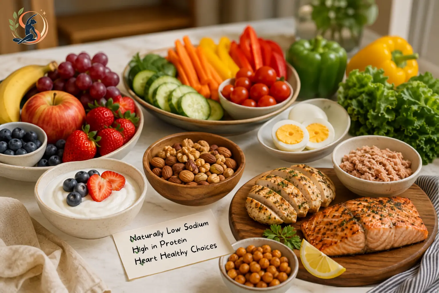 Naturally low-sodium foods including fresh fruits, vegetables, Greek yogurt, unsalted nuts, eggs, grilled chicken, salmon, and tuna arranged on a kitchen counter to promote healthy heart-friendly snacking.