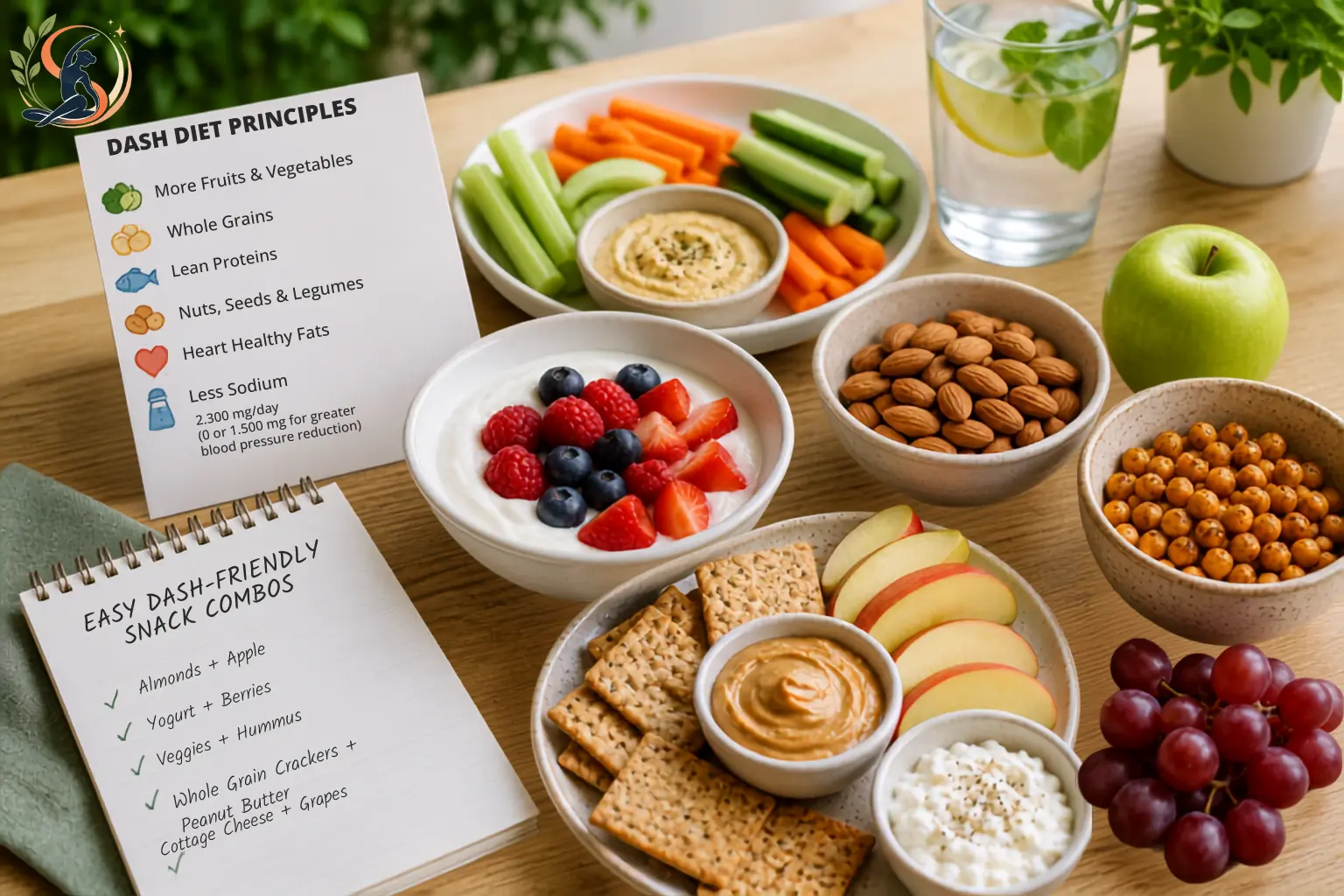 Heart-healthy DASH diet snacks featuring fresh berries, yogurt, whole grain crackers, unsalted almonds, apple slices, hummus with vegetables, and roasted chickpeas arranged on a modern kitchen table.