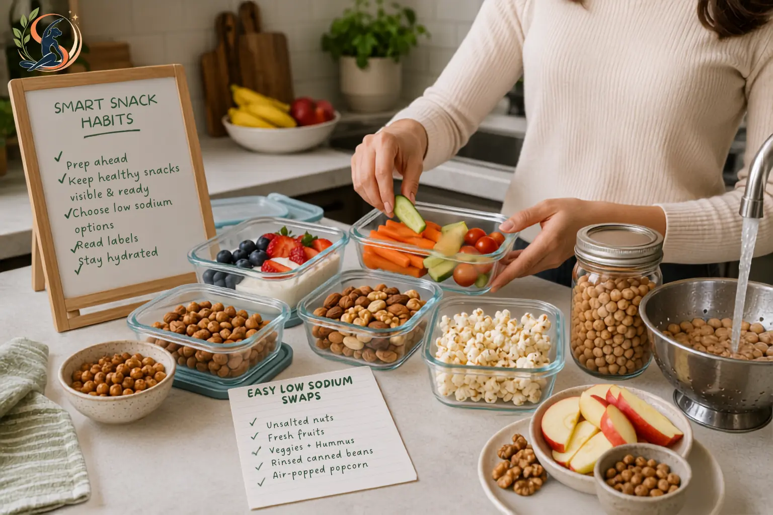 Person meal-prepping naturally low-sodium snacks in a bright kitchen with fresh fruits, vegetables, rinsed beans, unsalted nuts, and healthy snack containers for heart-friendly eating.
