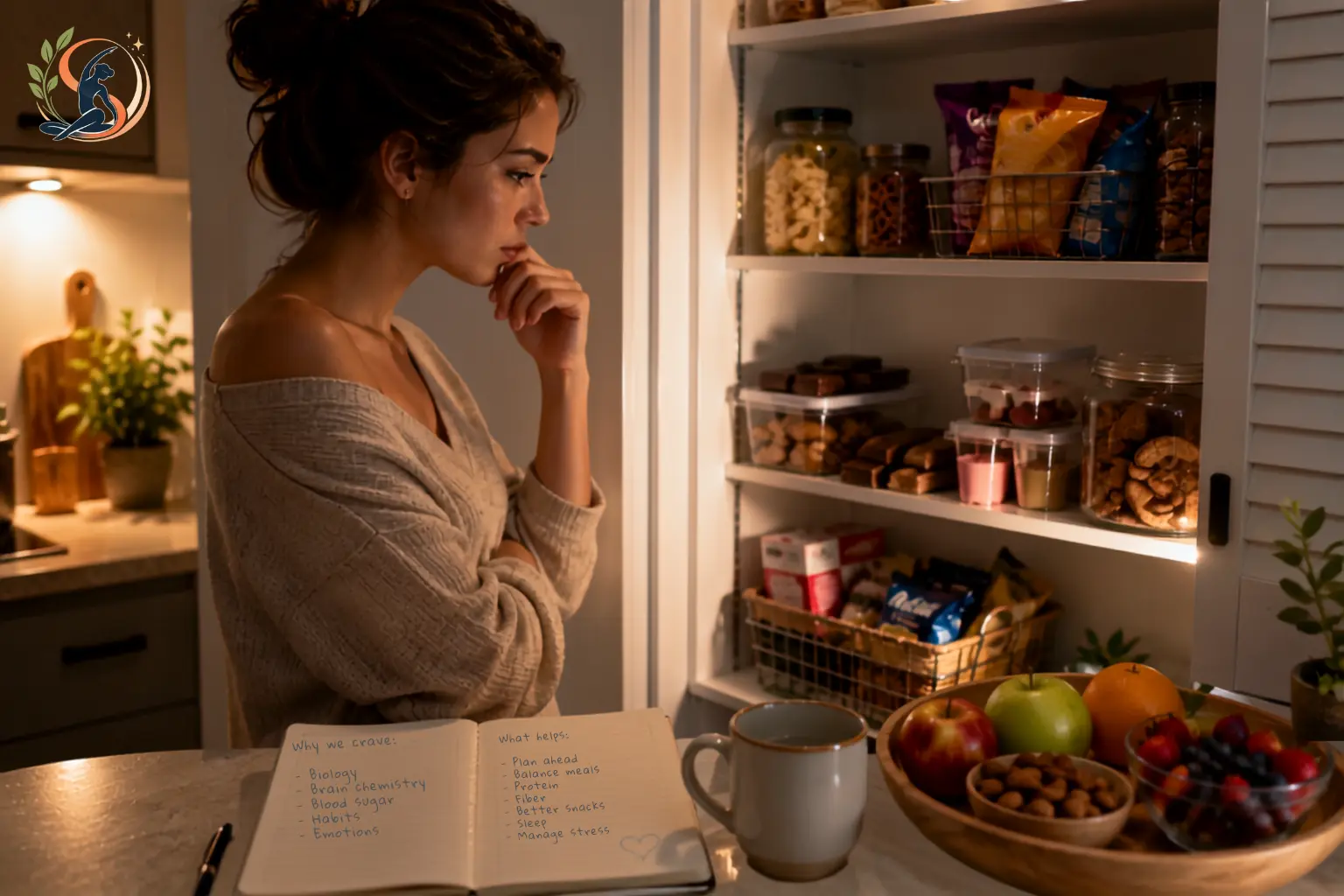 Women choosing fresh fruit, yogurt, and nuts over sugary snacks in a modern kitchen to illustrate healthy eating and managing sweet and salty cravings naturally.