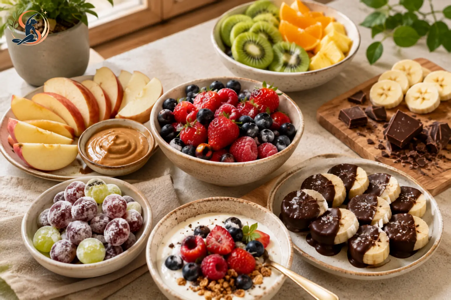 Healthy fruit snack platter with fresh berries, apple slices, frozen banana bites dipped in dark chocolate, Greek yogurt, mixed nuts, and natural peanut butter on a modern kitchen counter, promoting smart alternatives for sweet and salty cravings.
