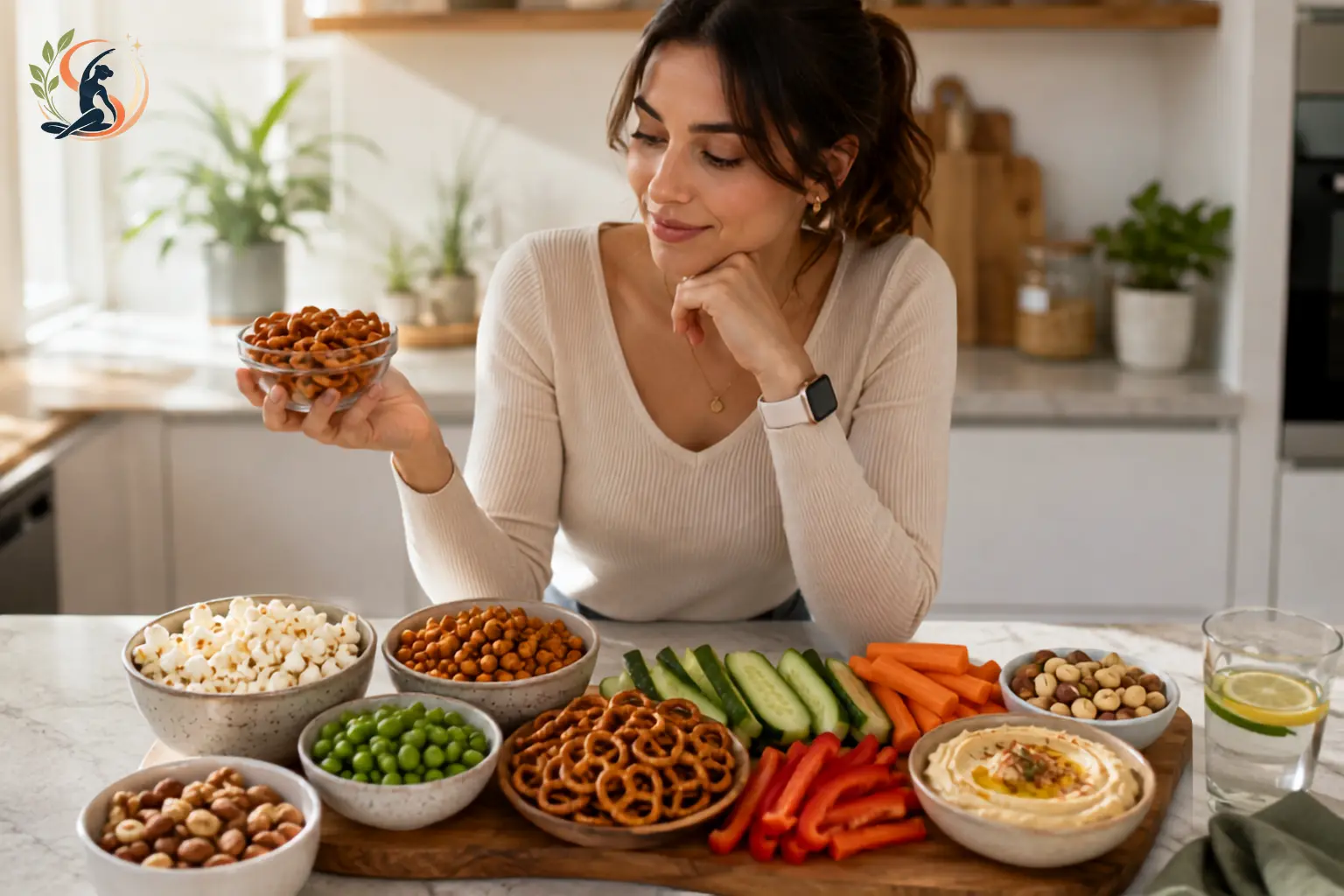 Woman comparing a bowl of salted pretzels with healthier savory snacks including hummus, air-popped popcorn, roasted chickpeas, fresh vegetables, edamame and mixed nuts in a bright modern kitchen.