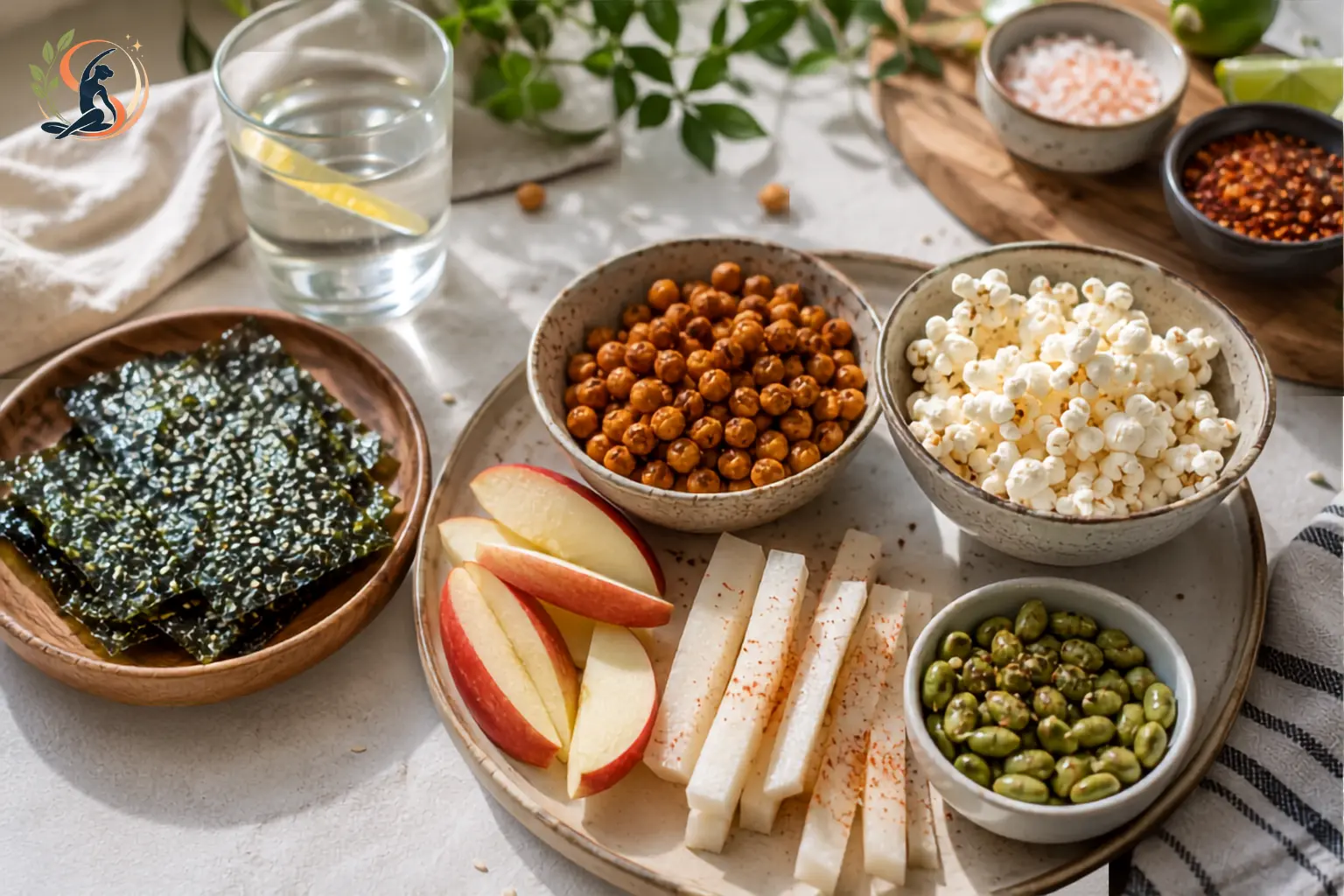 Healthy crunchy snacks including roasted chickpeas, air-popped popcorn, apple slices, jicama sticks, roasted edamame, and roasted seaweed beautifully arranged on a table, offering nutritious alternatives to chips for satisfying savory cravings.