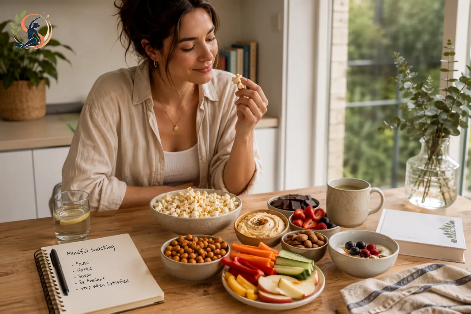 Woman practicing mindful snacking while enjoying a balanced plate of healthy fruit, yogurt, popcorn and nuts at a wooden table