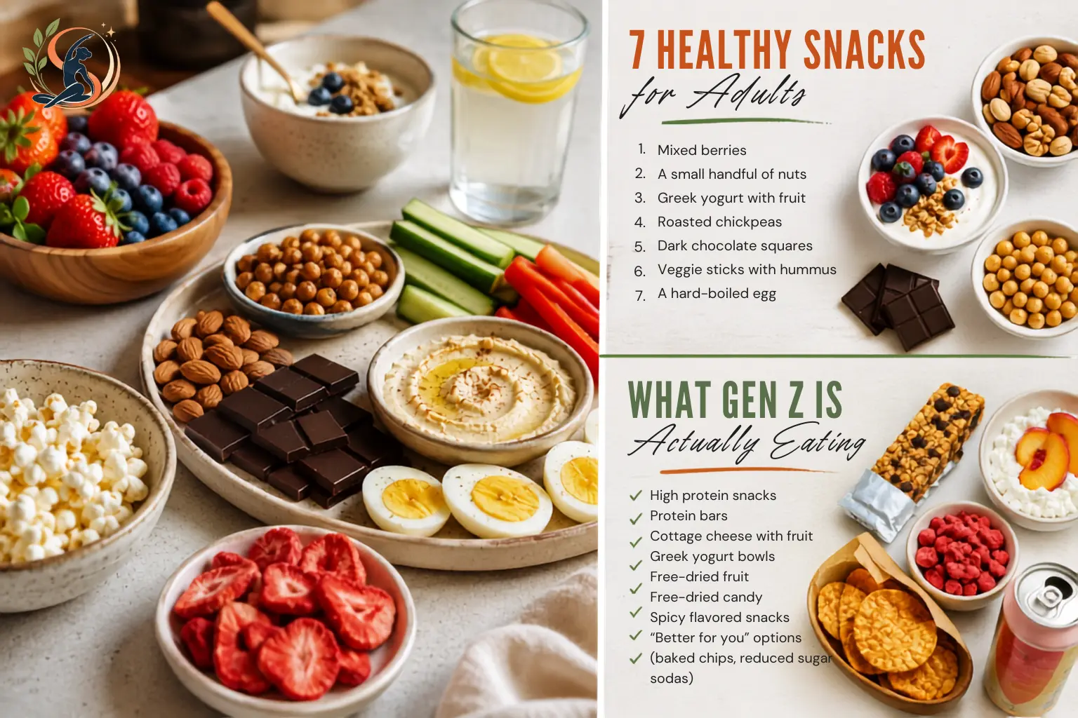 Healthy snack ideas for adults featuring berries, Greek yogurt, roasted chickpeas, hummus, fresh vegetables, nuts, dark chocolate, eggs, and popcorn arranged on a clean table.