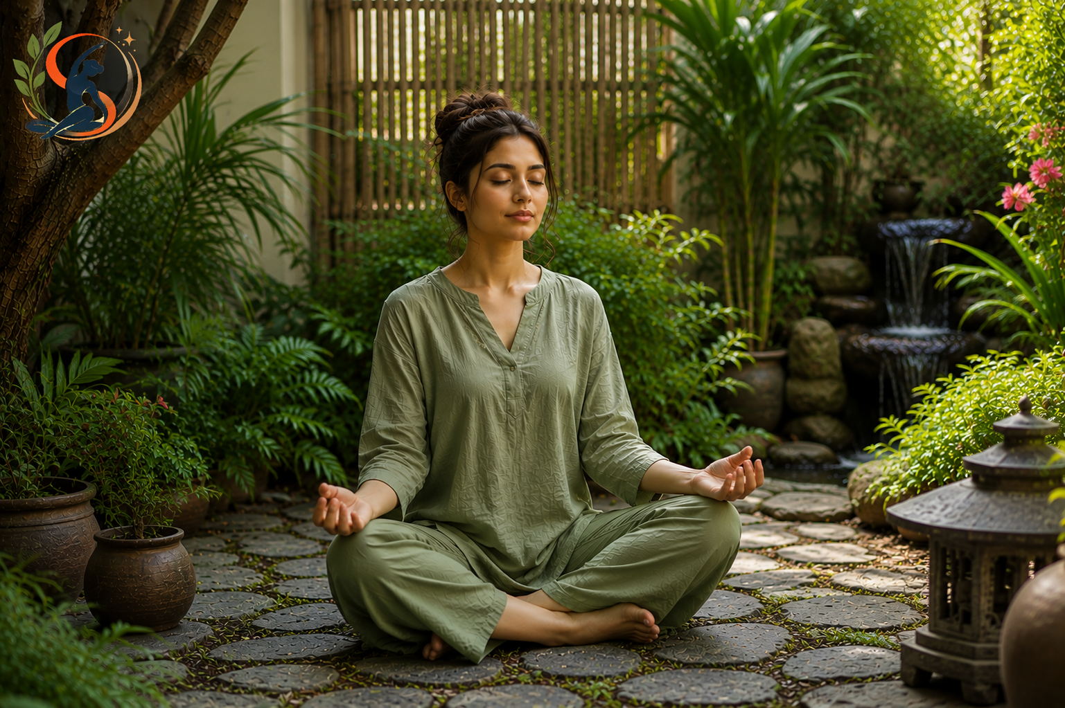 Person sitting cross-legged outdoors practicing garden meditation surrounded by plants