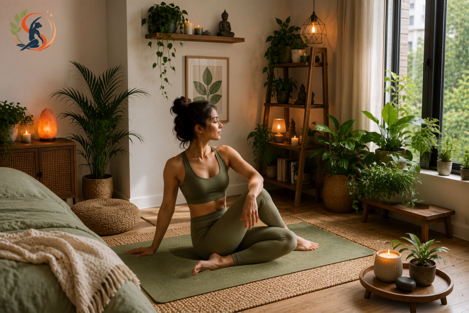 Small tidy meditation corner set up in a compact apartment bedroom