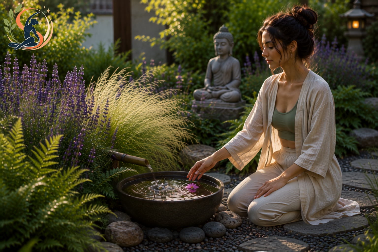 Close-up of lavender and ferns with a small water bowl in a meditation garden