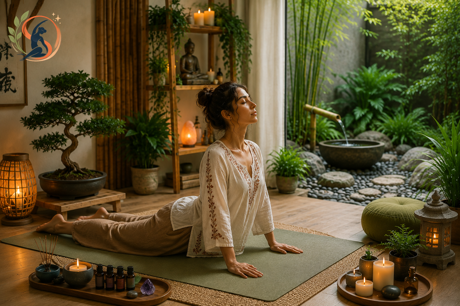 Flat-lay of meditation pillow, singing bowl, candle and Buddha statue