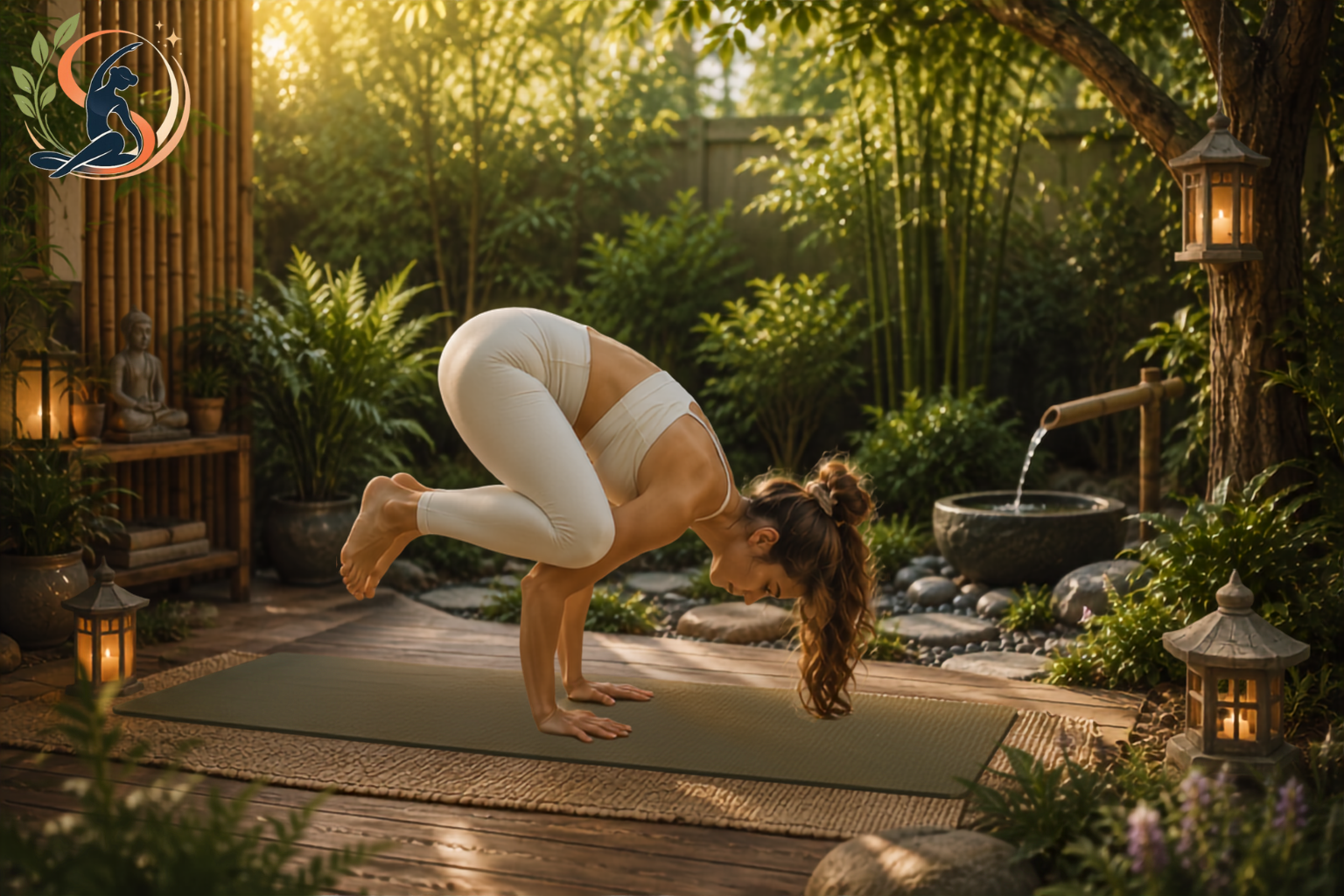 Person meditating on a garden bench in soft morning light