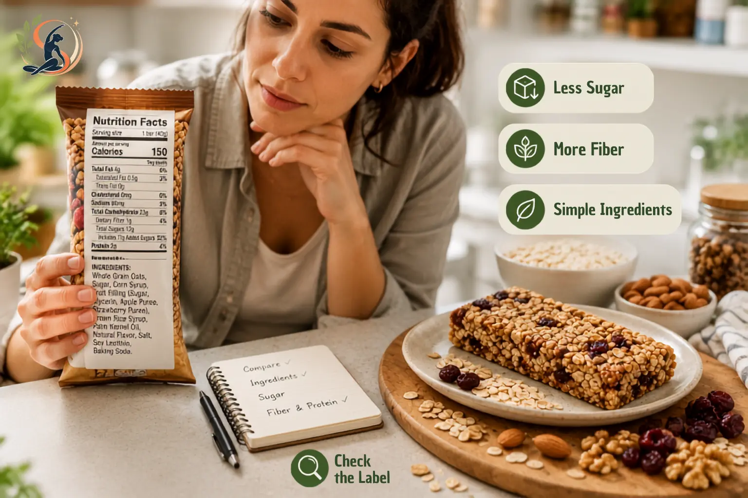 Woman comparing a homemade oat snack bar with a packaged granola bar while checking the ingredient label, with oats, nuts, dried fruit and healthy ingredients on a modern kitchen counter.