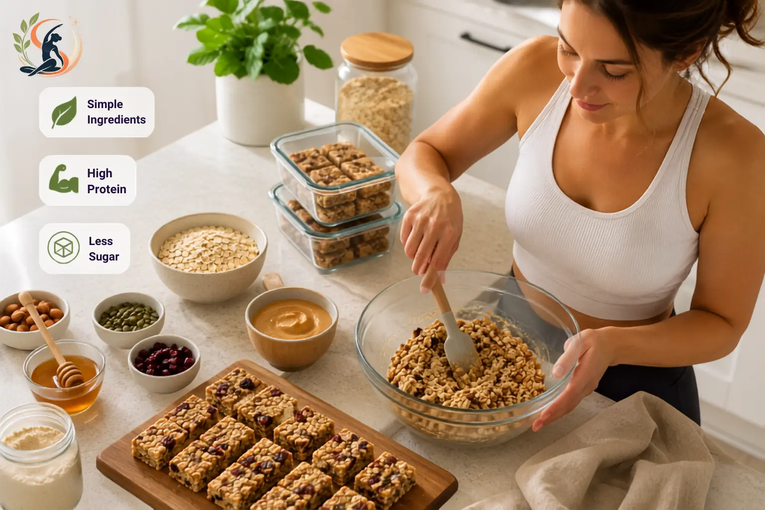 Woman preparing homemade healthy snack bars in a modern kitchen using rolled oats, nuts, honey, protein powder and dried fruit, with freshly cut granola bars on a wooden board.