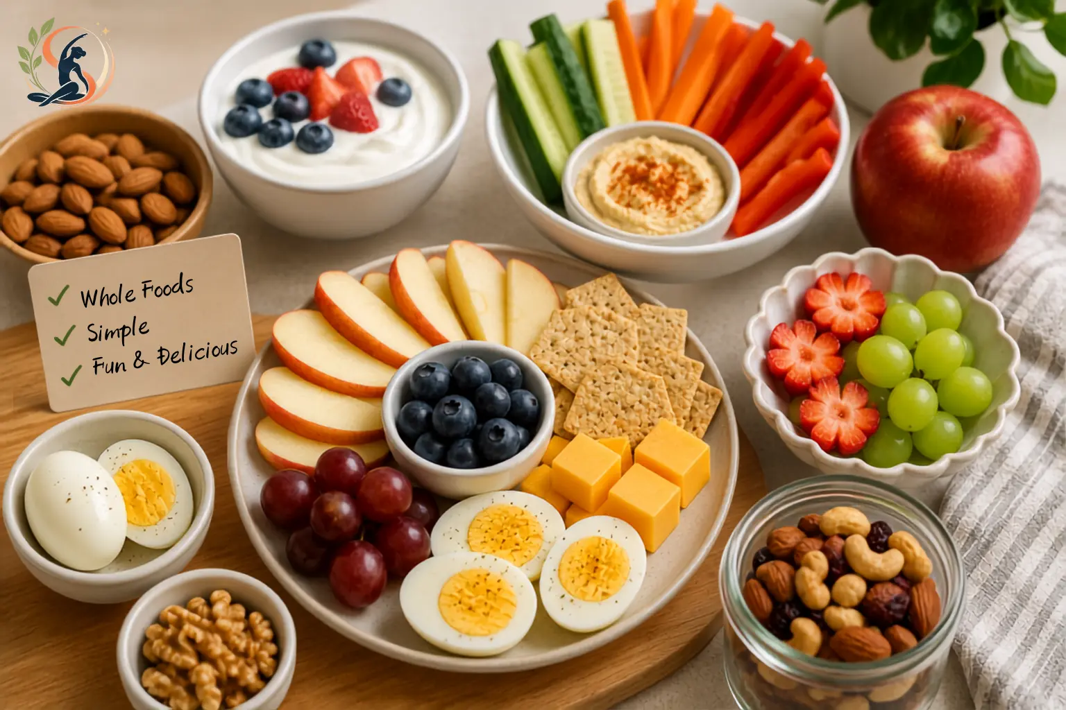 Healthy whole food snack board with fresh apples, mixed nuts, cheese, yogurt, boiled eggs and colorful fruit arranged on a wooden table for easy everyday snacking.