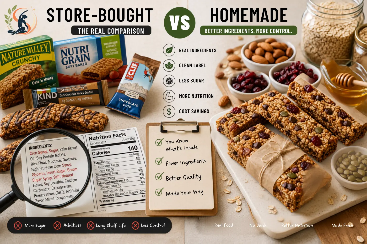 Store-bought snack bars and homemade oat bars with simple ingredients like oats, nuts, honey and dried fruit displayed side by side on a kitchen counter for a healthy snack comparison.