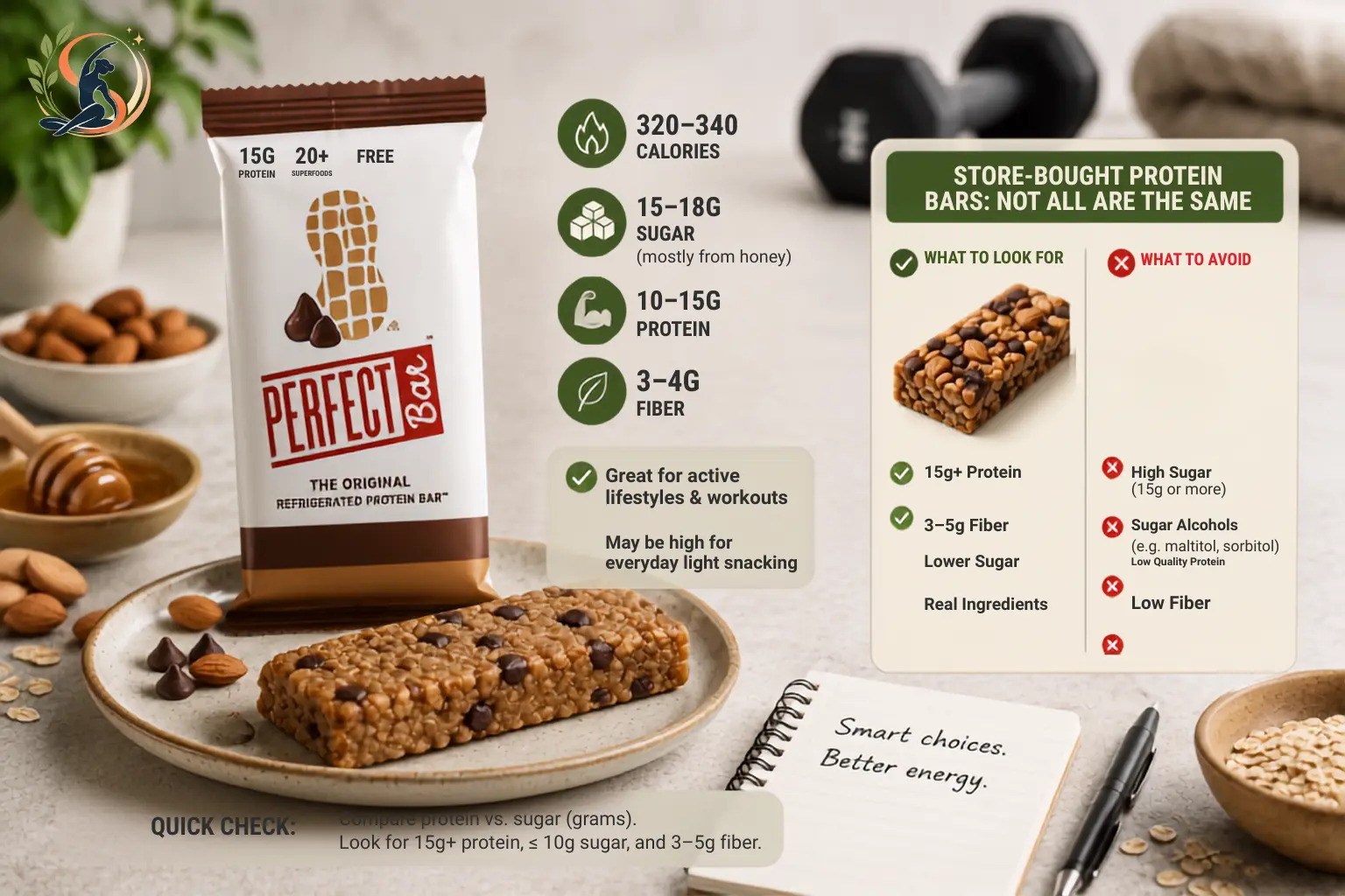 Perfect protein bar with nutrition comparison and healthy protein bar buying guide featuring oats, almonds and honey.