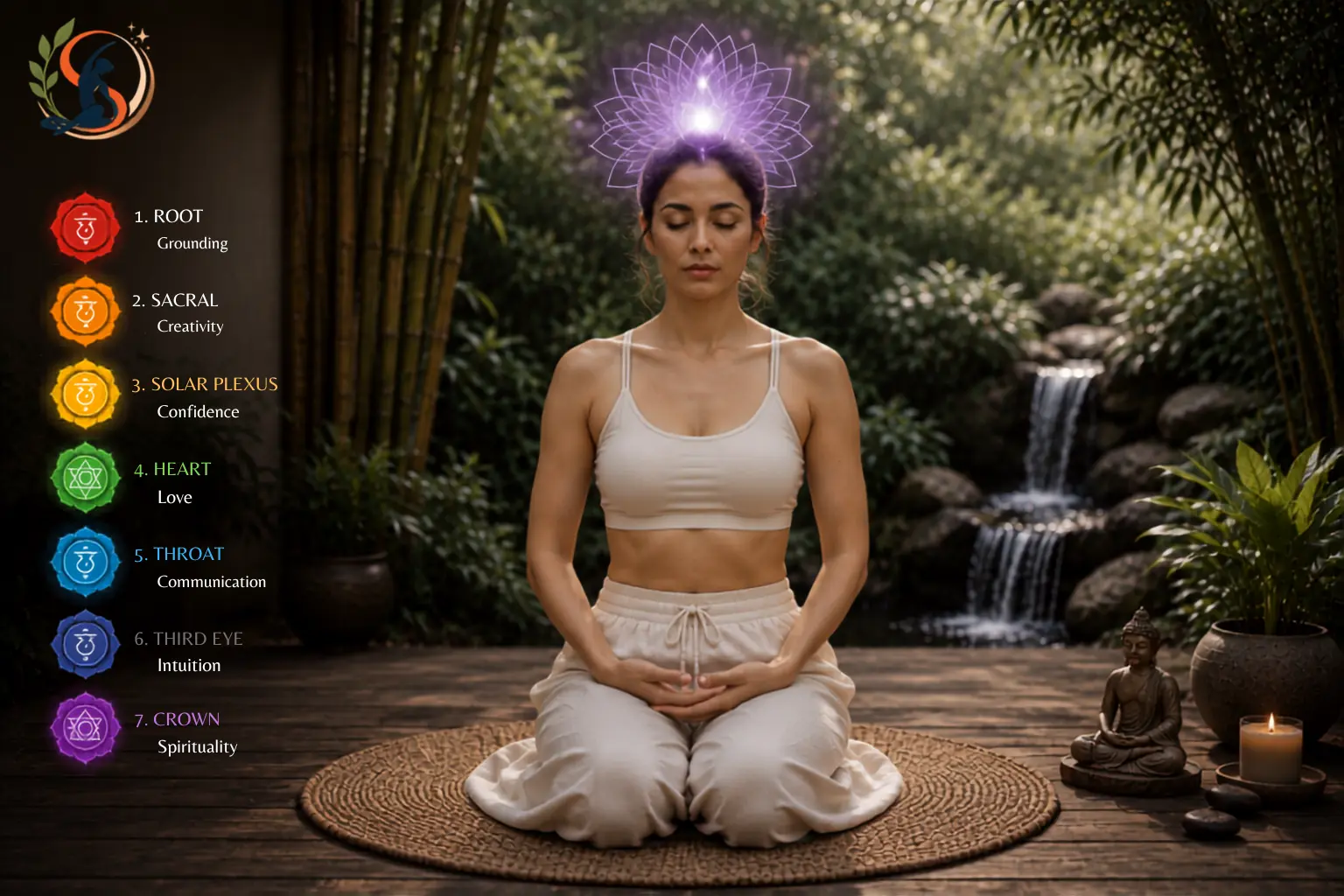 Illustration of the seven chakra points from root to crown along the human body