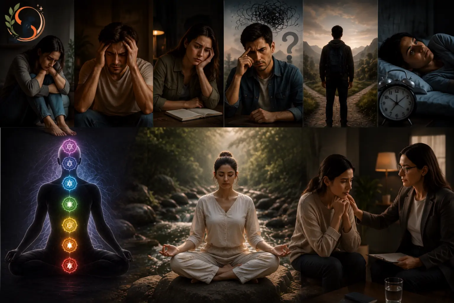Person sitting quietly with eyes closed reflecting on signs of a blocked chakra
