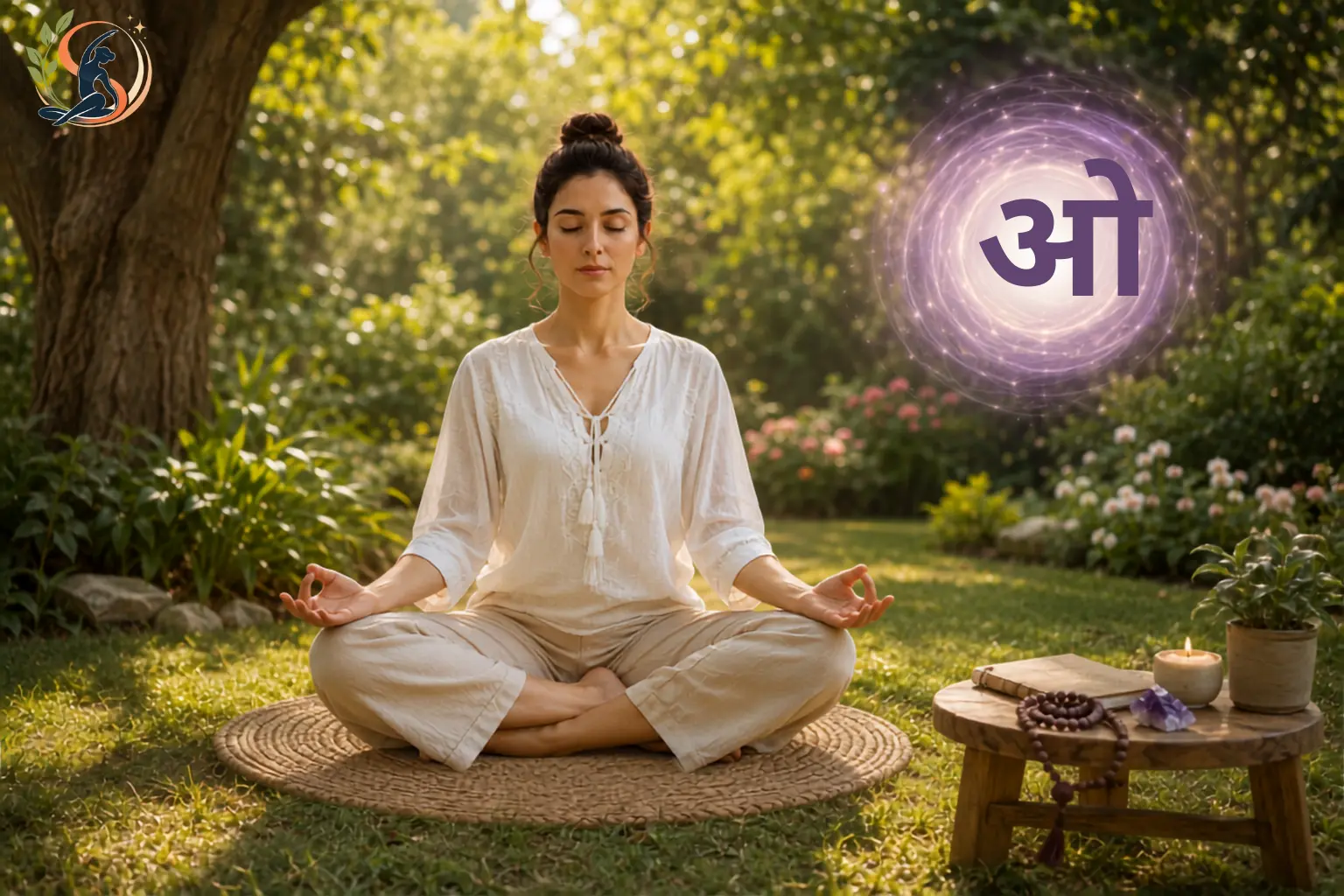 Person sitting cross legged with eyes closed practicing crown chakra meditation
